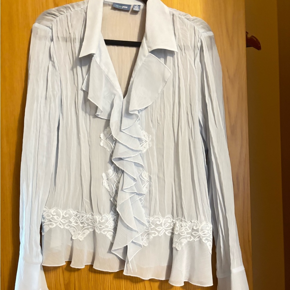 White Ruffled Embellished Notched Collar Blouse